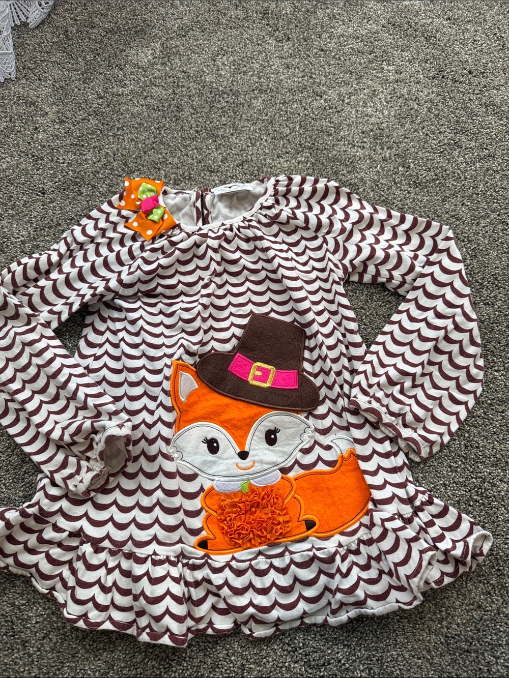 Emily Rose White and Maroon Fox Appliqué Dress with Orange Accent